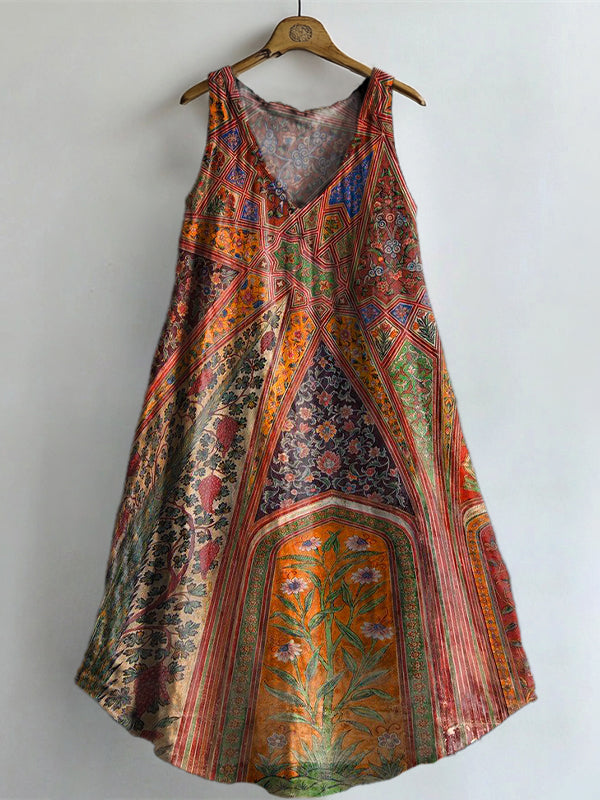 Women's Vintage Ethnic Floral Art Print V-neck Pocket Cotton Dress