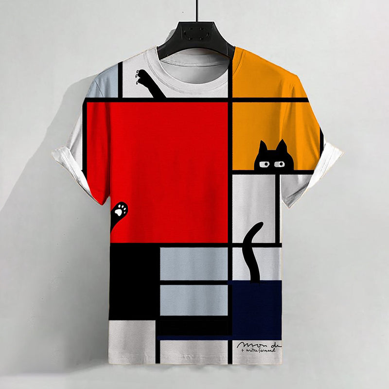 Vintage Colorblock Mondrian Cat Art Print Casual T-Shirt elevenforest