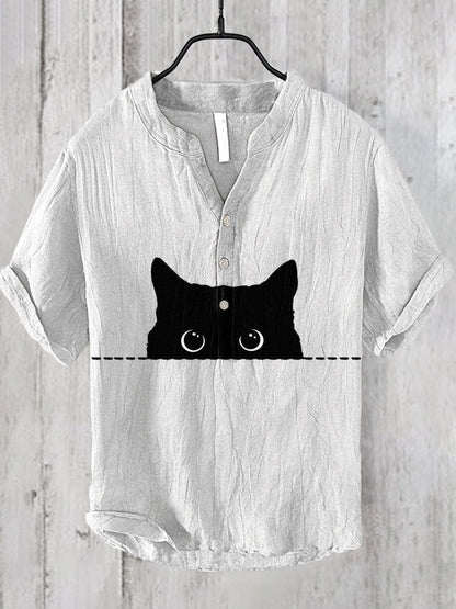 Japanese Art Black Cat Print Cotton Blend Shirt elevenforest