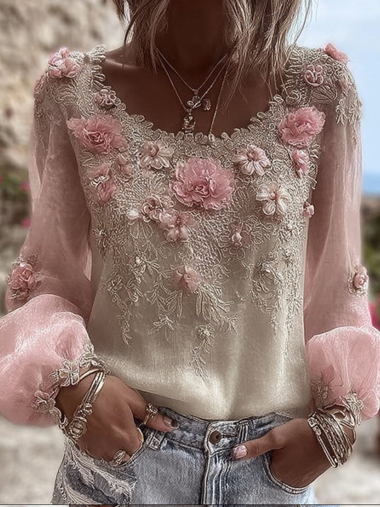 Bohemian Heavy Industry Flower Light Vintage Round Neck Top artswardrobe