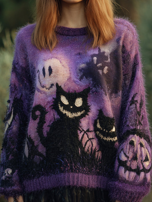Women's Casual Vintage Halloween Black Cat Embroidered Sweater elevenforest
