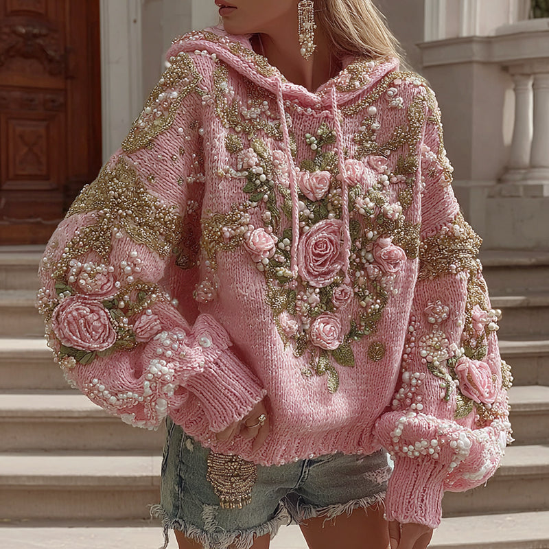 Women's Pink Floral Art Cozy Knit Hooded Sweater artswardrobe