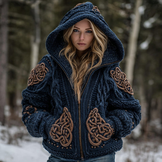 Women's Viking Celtic Knot Cozy Warm Knit Full Zip Hooded Sweater artswardrobe