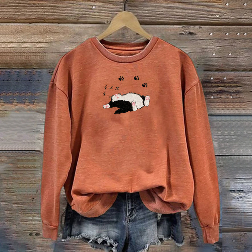 Comstylish Funny Sleeping Cat Embroidered Print Sweatshirt