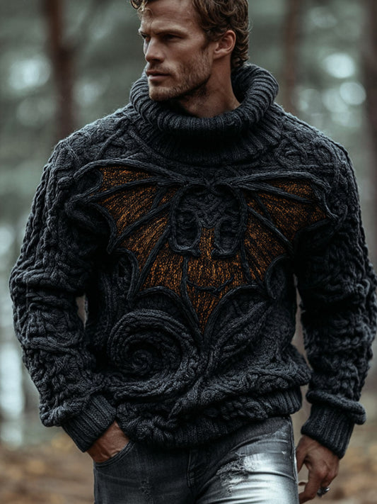 Men's Halloween 3d Embroidered Bat Pattern High Collar Sweater artswardrobe