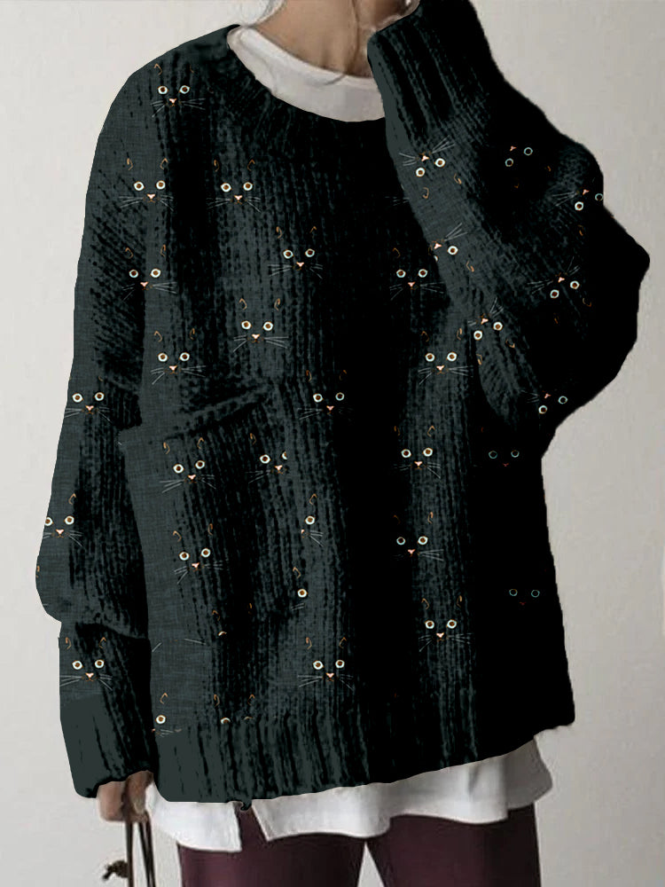 Cute Cat Face Pattern Big Pocket Cozy Sweater elevenforest