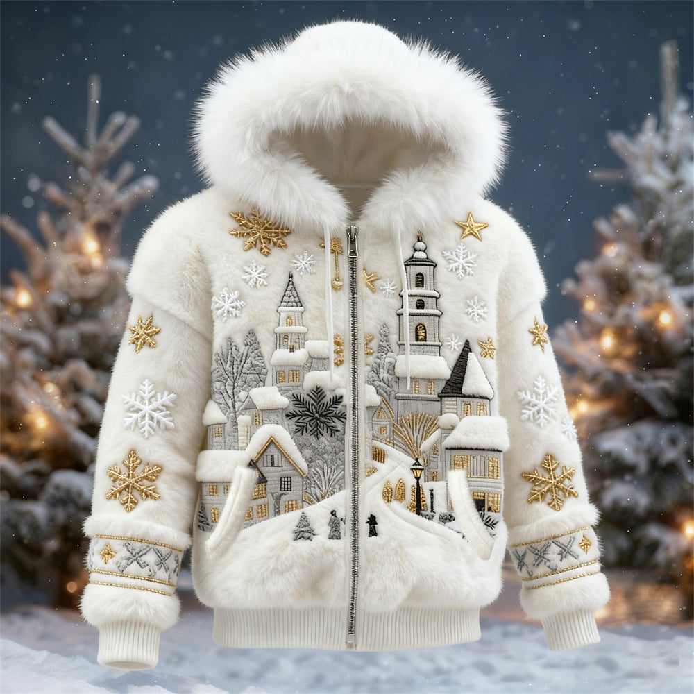 Christmas Snow Scene Embroidered Men's Fur Collar Zipper Hooded Sweater