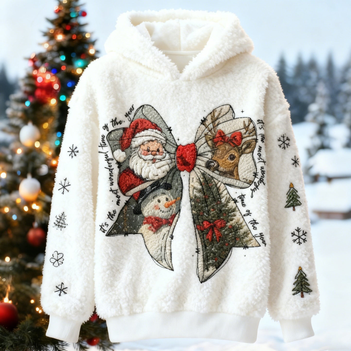 Comstylish Fun Santa Claus, Reindeer And Snowman Pattern Women's Flannel Hoodie