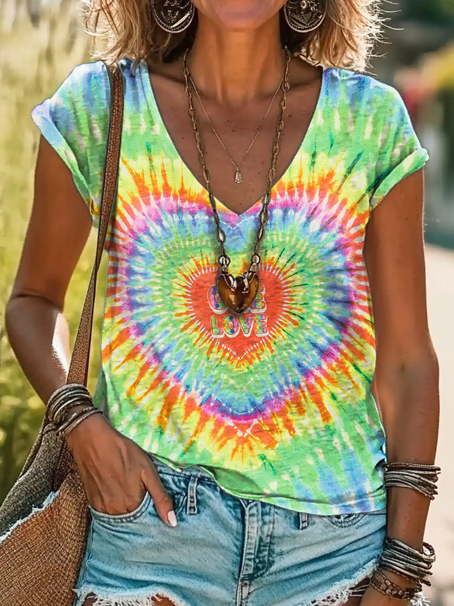 Colorful Tie Dye Print 100%Cotton V-neck T-Shirt