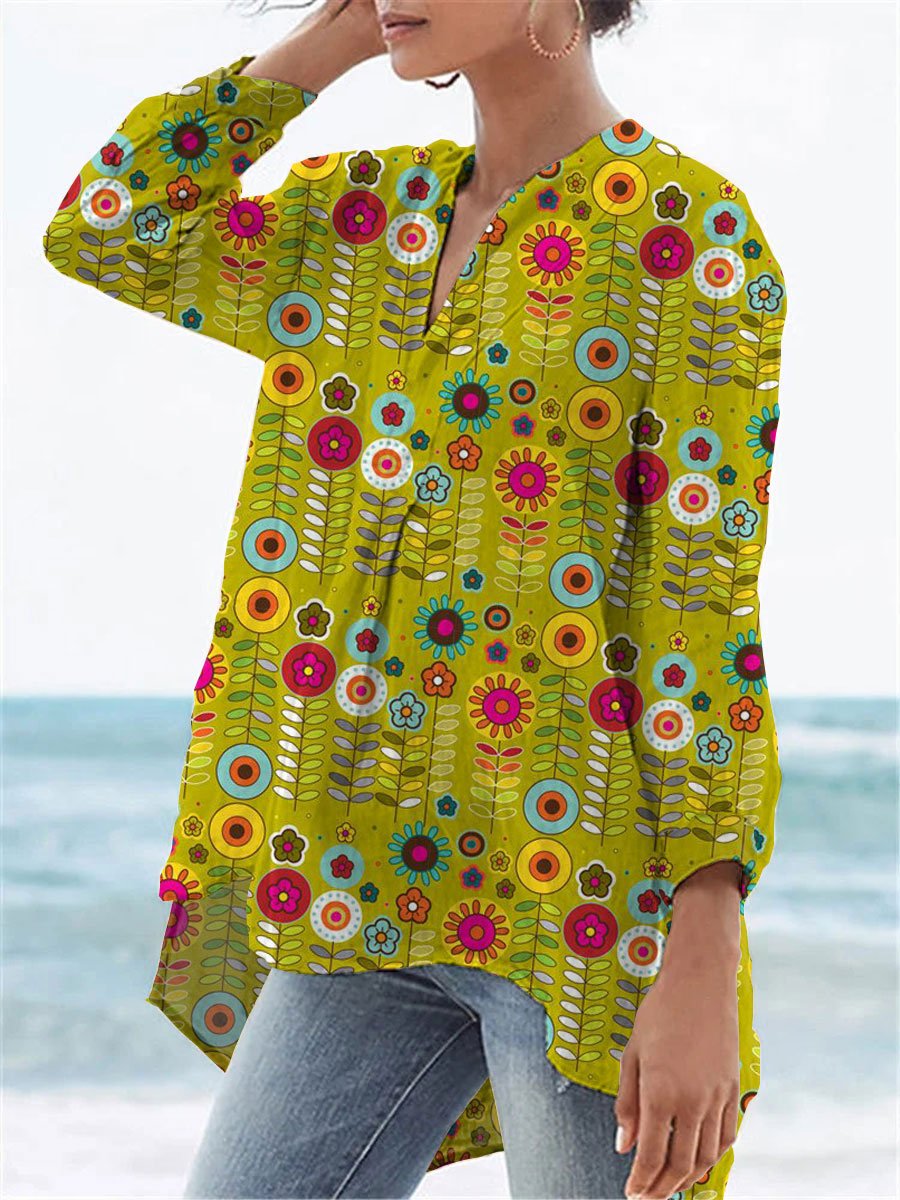 Women's  Flower Print Casual Linen V-neck Shirt