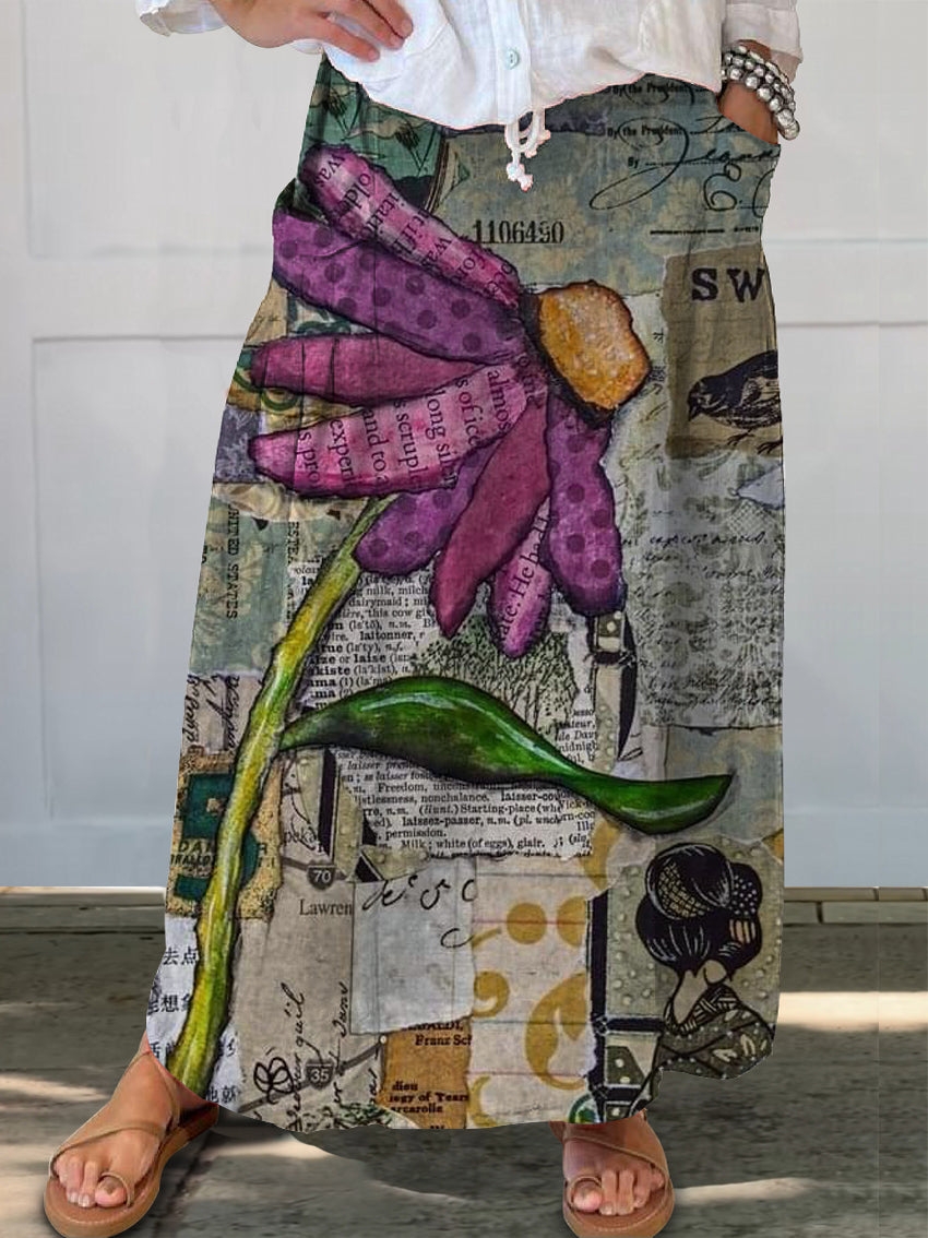 Women's Floral Art Printed Linen Pocket Skirt