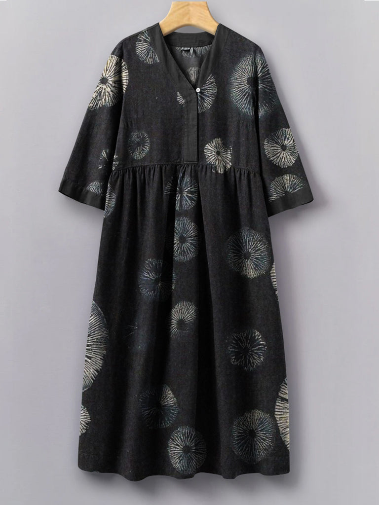 Vintage Japanese Traditional Sashiko Art Pattern Painting V-Neck Long 