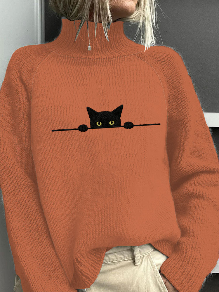 Women's Casual Funny Black Cat Print High Neck Sweater artswardrobe