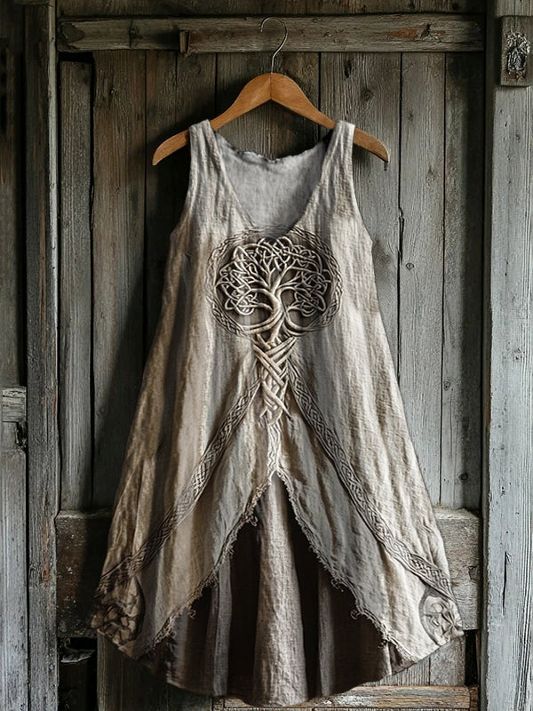 Women's Tree of Life Patchwork Art Print V-Neck Pocket Cotton Dress
