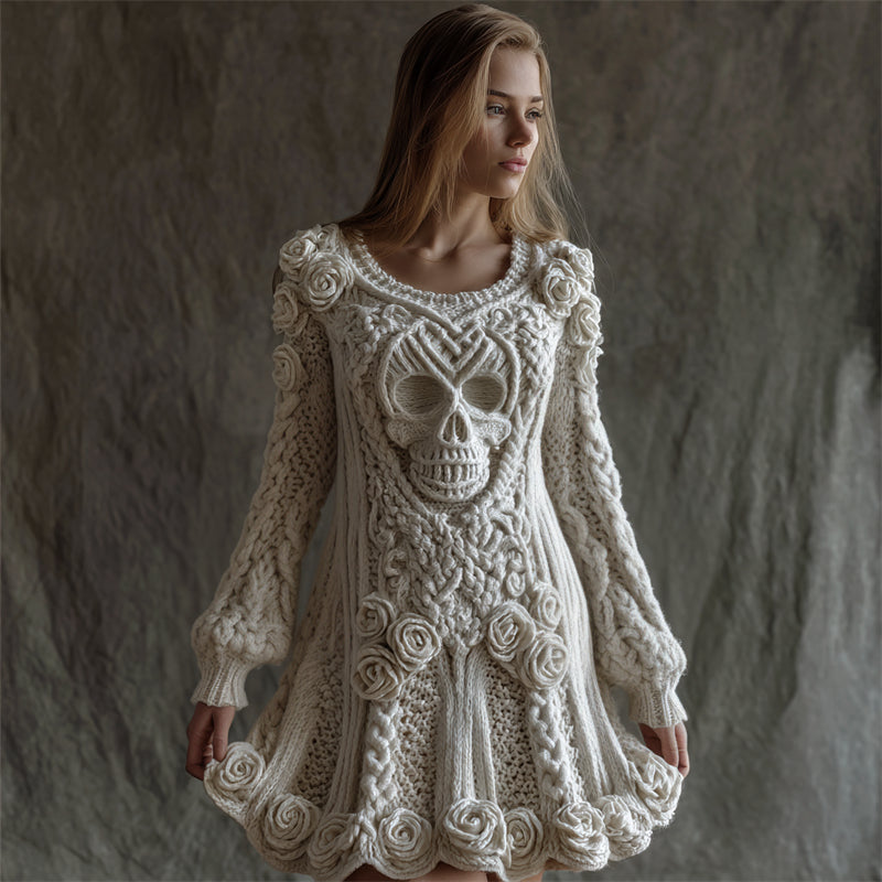 Vintage White Roses Celtic Skull Cozy Knit Sweater Dress elevenforest