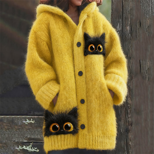 Lovely Peeking Black Cats Cozy Knit Hooded Cardigan elevenforest