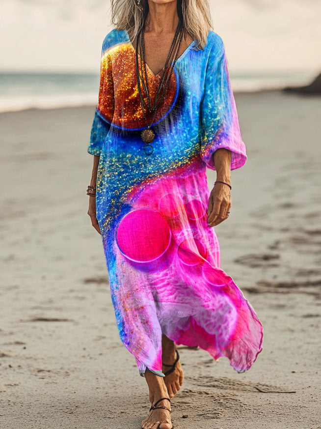 Women's Colorblocked Pattern Art Print Pocket Cotton Dress