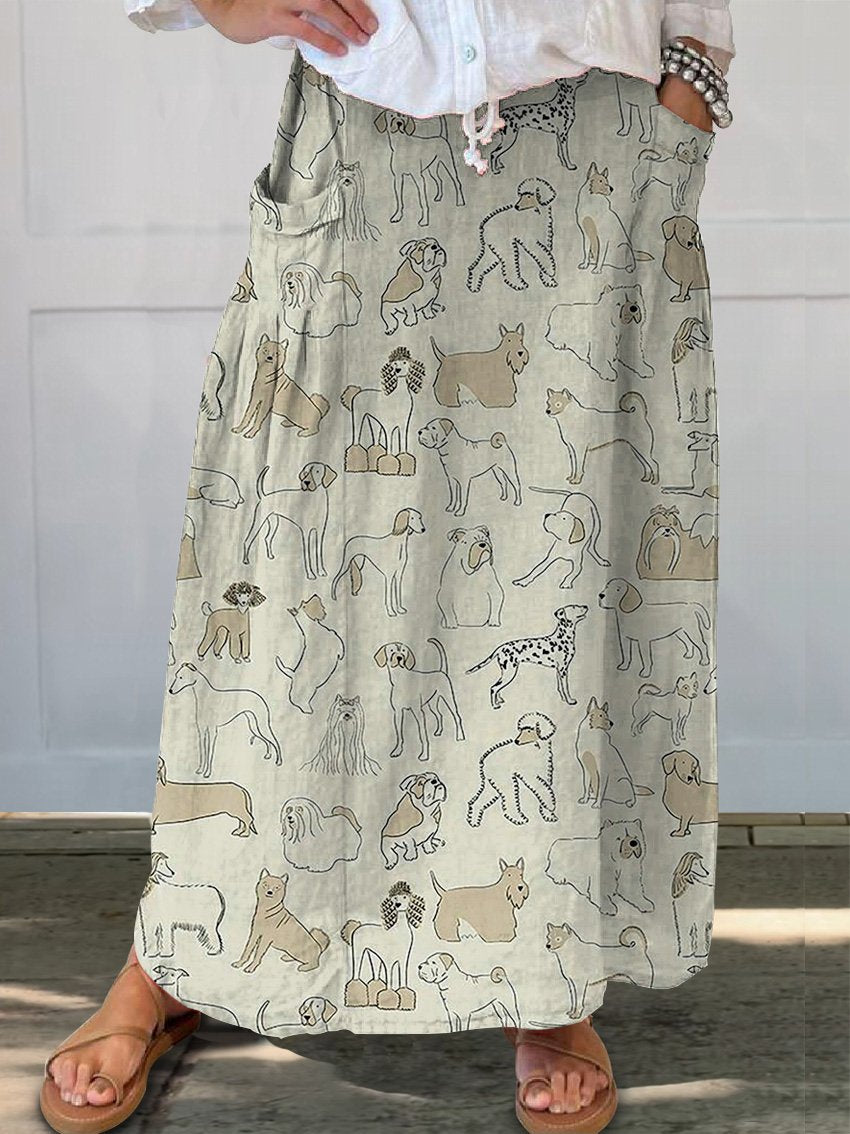 Line Drawing Dogs Pattern Printed Women's Linen Pocket Skirt