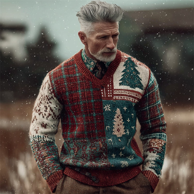 Men's Vintage Christmas Tree Plaid Colorblock Cozy Knit Sweater artswardrobe