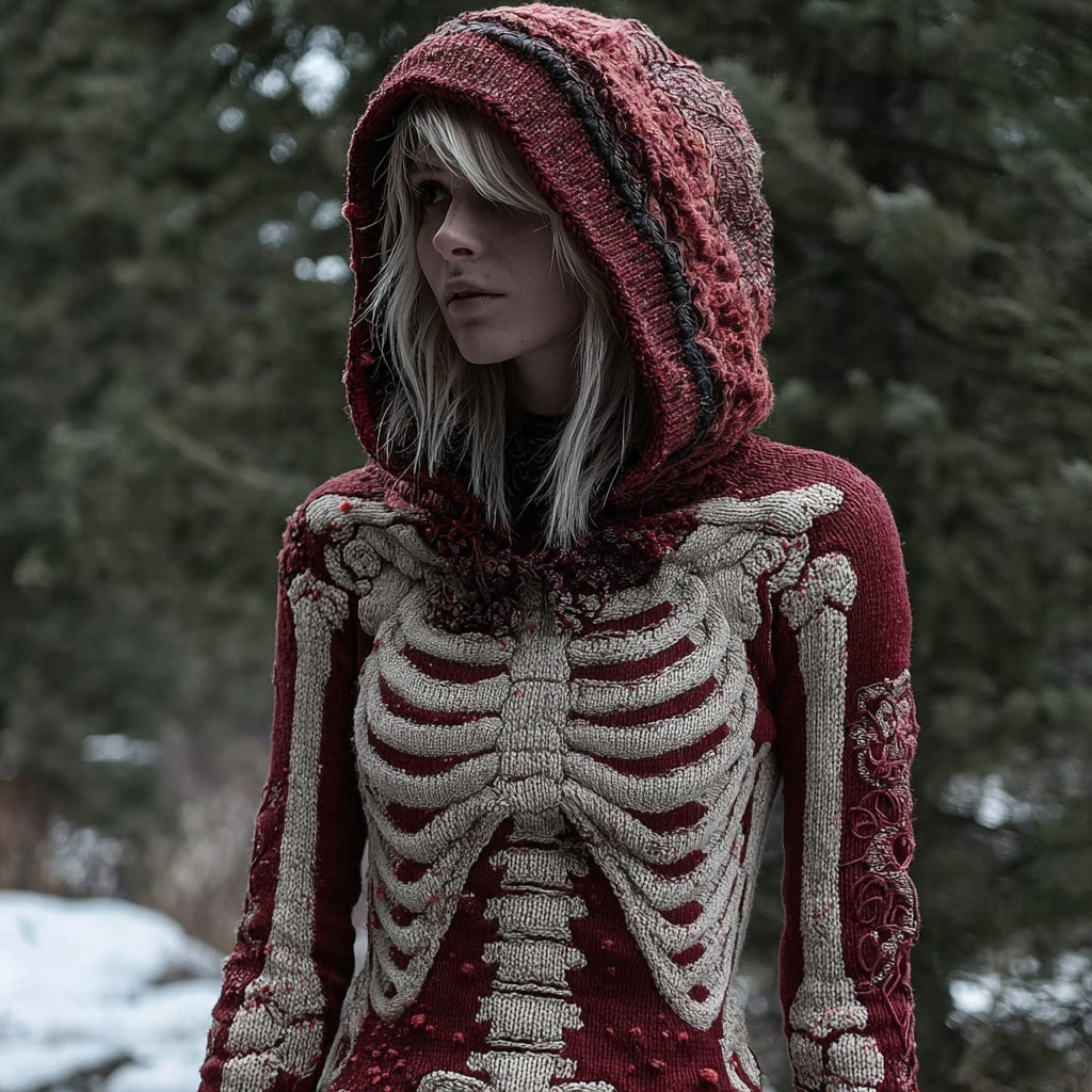 Vintage Halloween Skeleton Cozy Knit Hooded Sweater artswardrobe