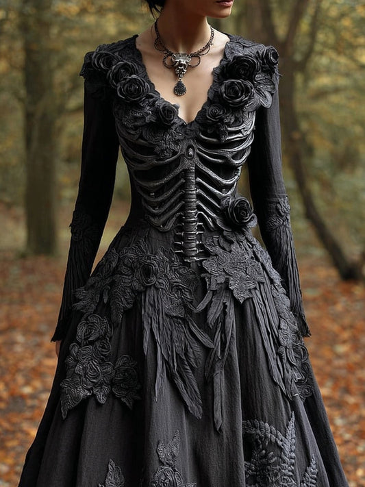 Comstylish Classy Crow Feathers & Roses Skeleton Flowy Maxi Dress