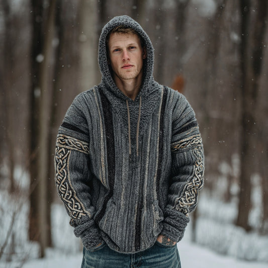 Men's Retro Colorful Striped Celtic Art Knit Hooded Sweater elevenforest