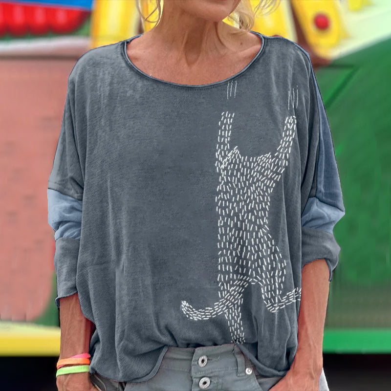 Women's Funny Cat Japanese Art Embroidered Long Sleeve T-shirt elevenforest