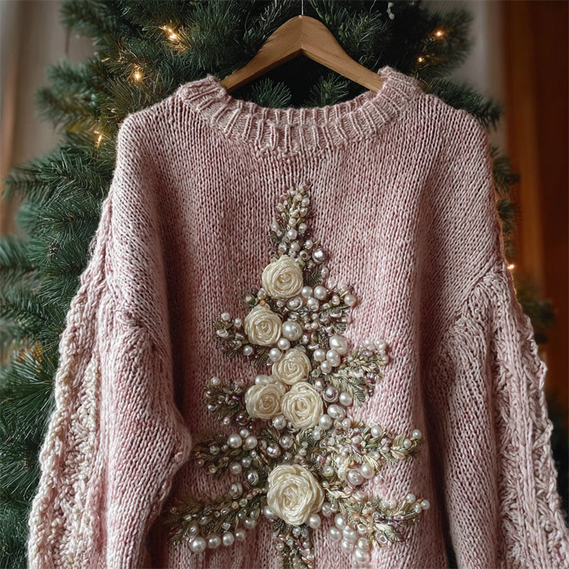 White Roses Christmas Tree Beaded Cozy Knit Sweater artswardrobe