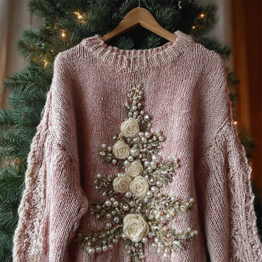 White Roses Christmas Tree Beaded Cozy Knit Sweater artswardrobe