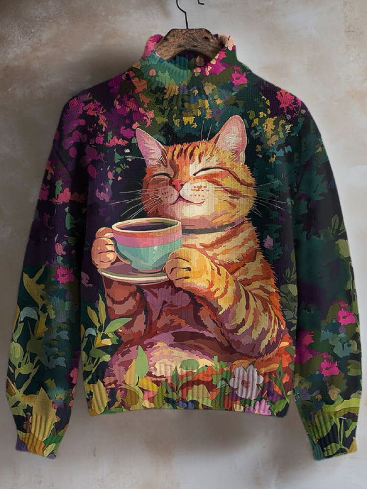 Women's Cat Drinking Coffee Print High Neck Knit Sweatshirt elevenforest