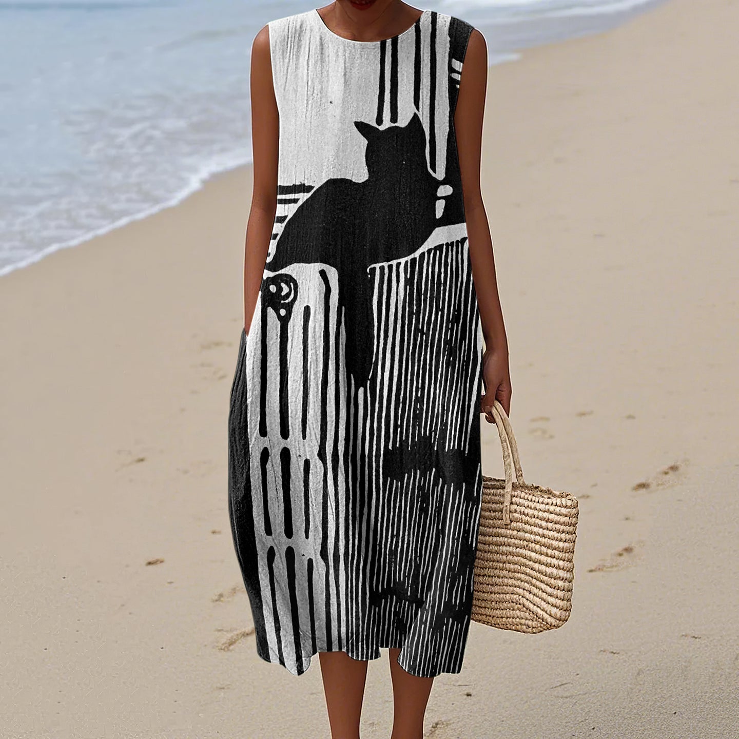 Women's Retro Geometric Black Cat Art Pattern Cotton And Linen Dress artswardrobe