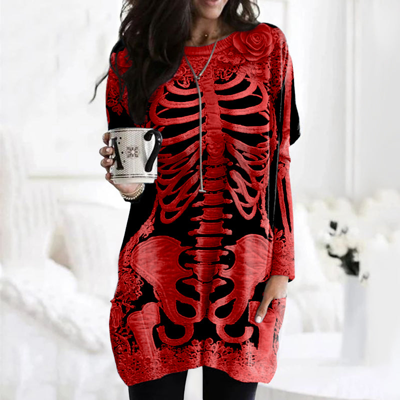 Women's Halloween Skeleton Bones With Rose Art Cozy Knit Turtleneck Mini Sweater Dress artswardrobe