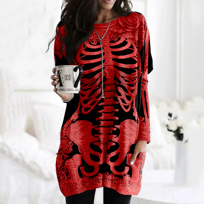 Women's Halloween Skeleton Bones With Rose Art Cozy Knit Turtleneck Mini Sweater Dress artswardrobe