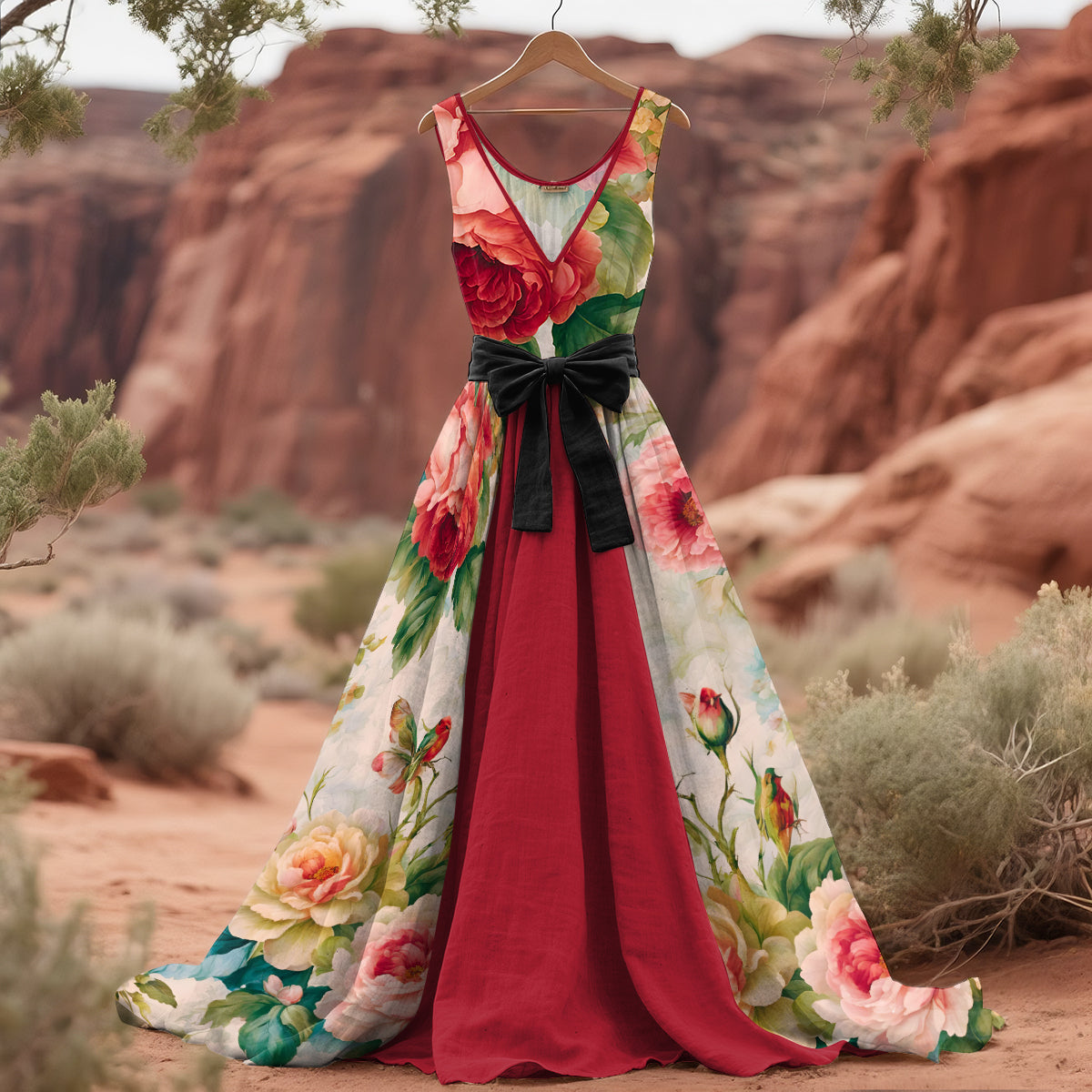 Women's Floral Contrast Colors Art Linen Tank Midi Dress（belt Not Included） artswardrobe