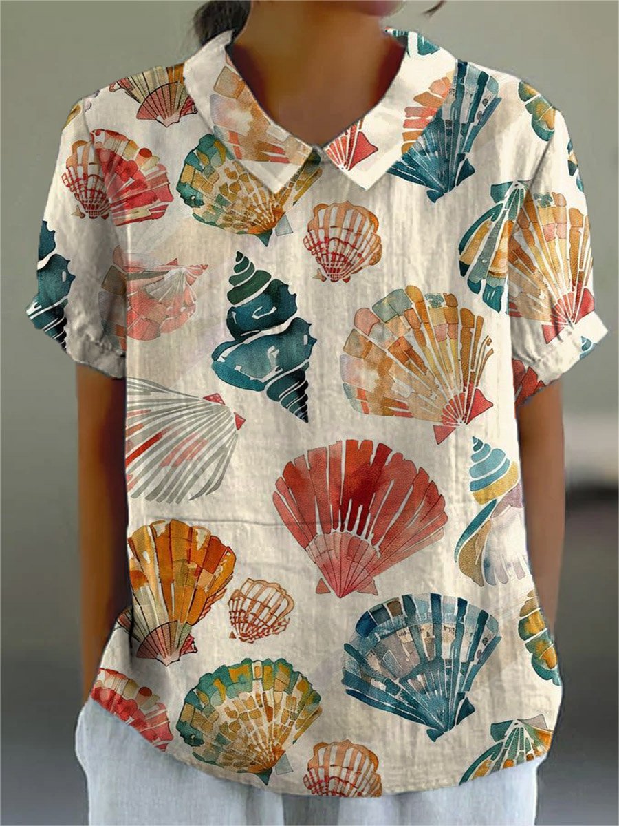 Women's Vintage Shells Art Print Casual Cotton And Linen Shirt