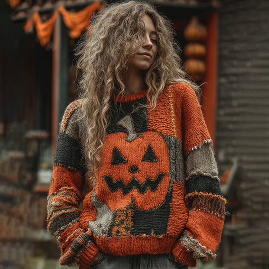 Vintage Halloween Pumpkin Face Patchwork Knitted Crew Neck Cozy Sweater artswardrobe