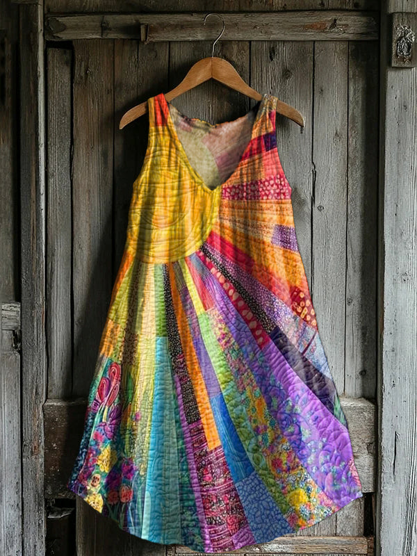 Women's Colorful Sun Ethnic Collage Art Print V-neck Pocket Cotton Dre