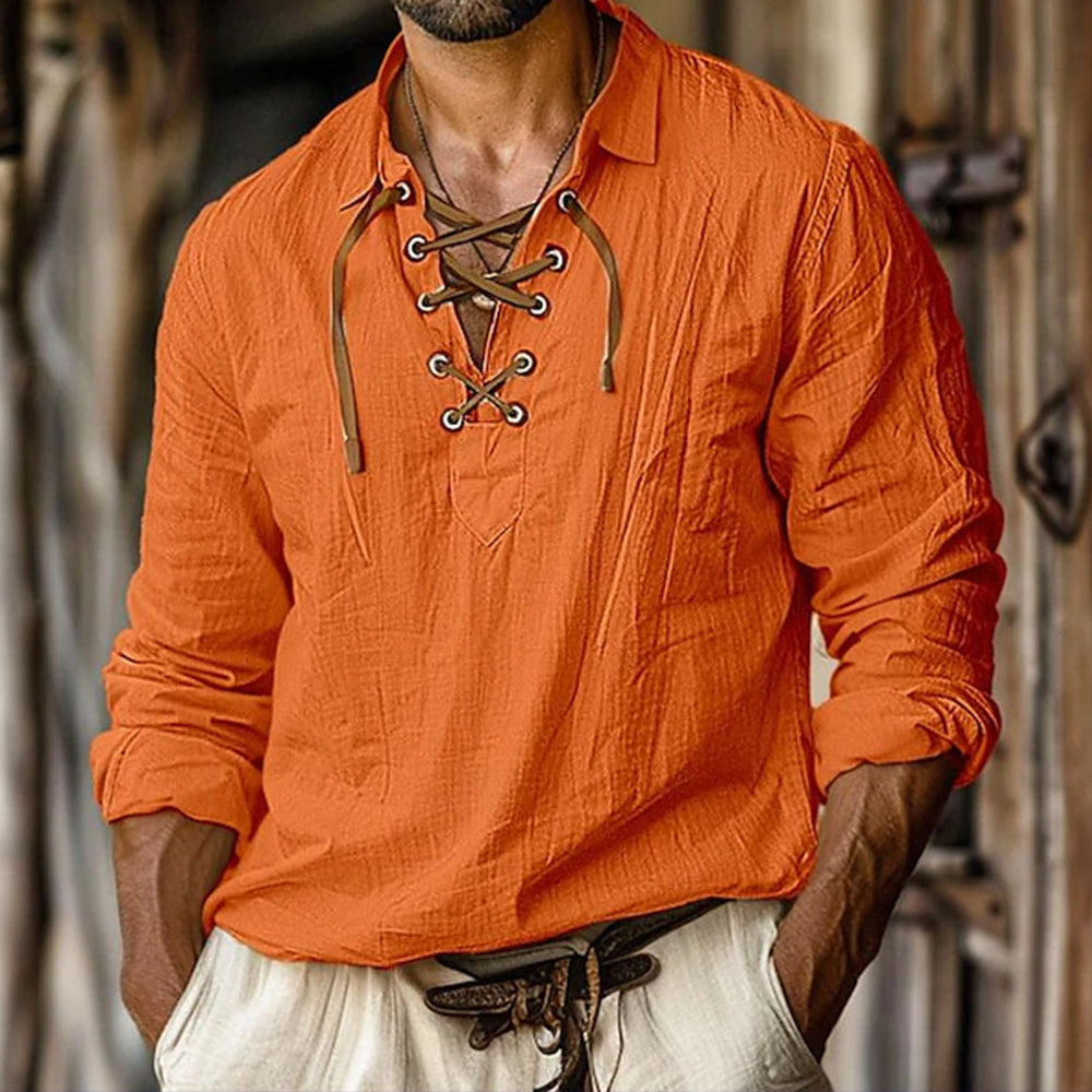 Men's Summer Beach Style Lapel Loose Pullover V-neck Drawstring Long-sleeved Shirt artswardrobe