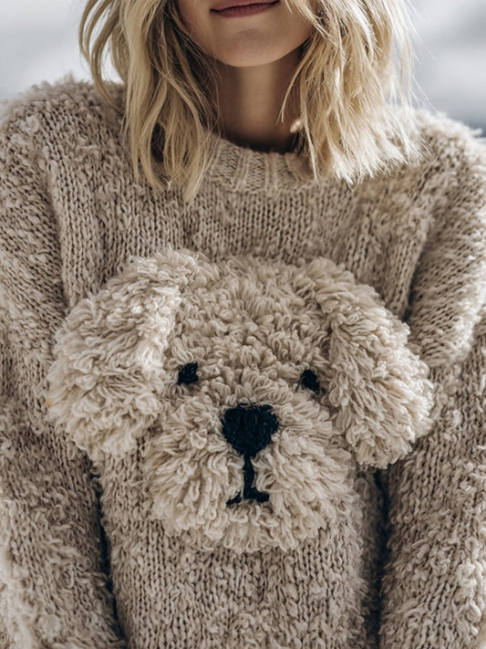 Cute Fuzzy Dog Embroidered Soft Cozy Sweater artswardrobe