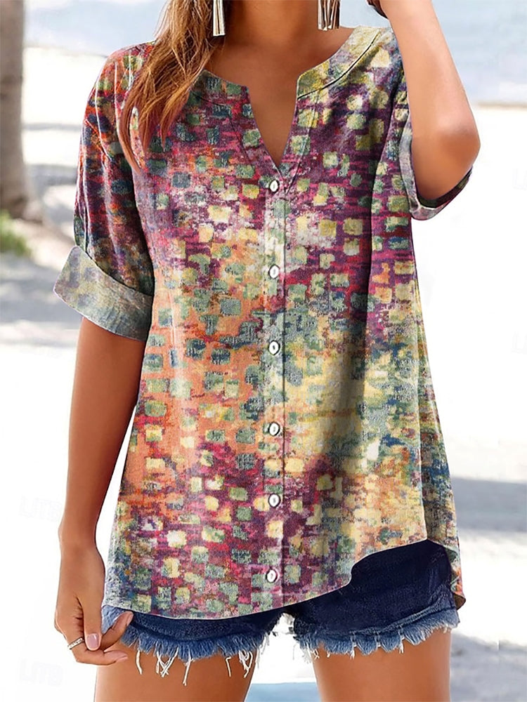 Women's Retro Abstract Ethnic Art Print Casual Cotton and Linen Shirt