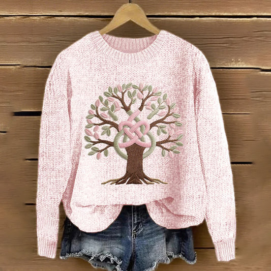 Women's Pink Ribbon And Tree Of Life Embroidered Knit Print Sweater elevenforest
