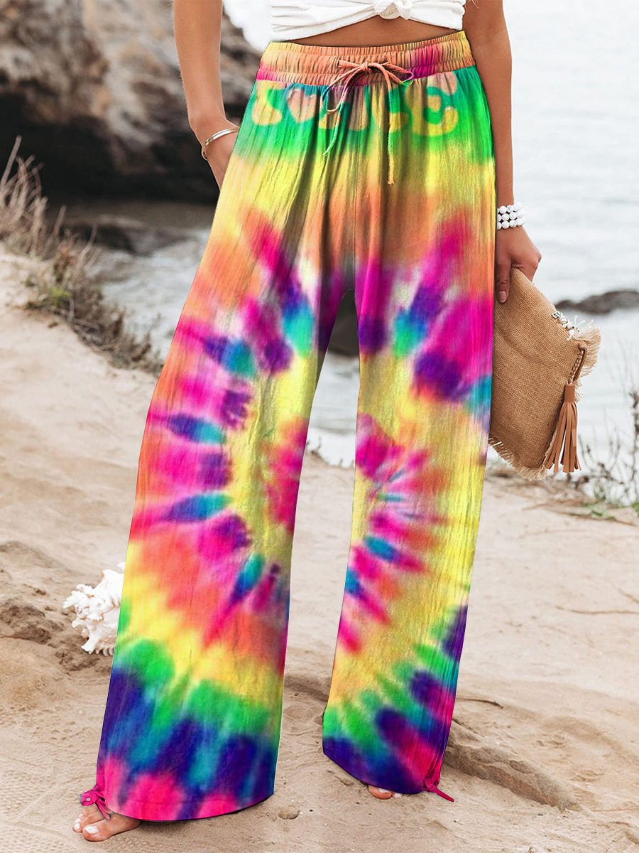 Women's Colorful Rainbow Tie-dye Print Cotton And Linen Casual Pants