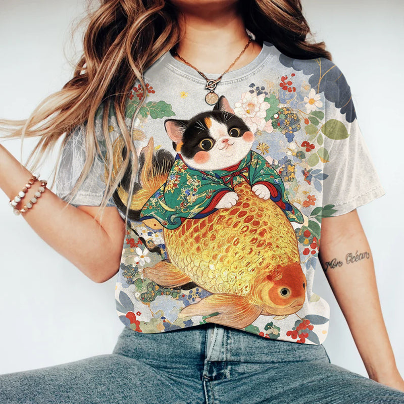 Cat In Kimono Riding A Carp T-shirt elevenforest
