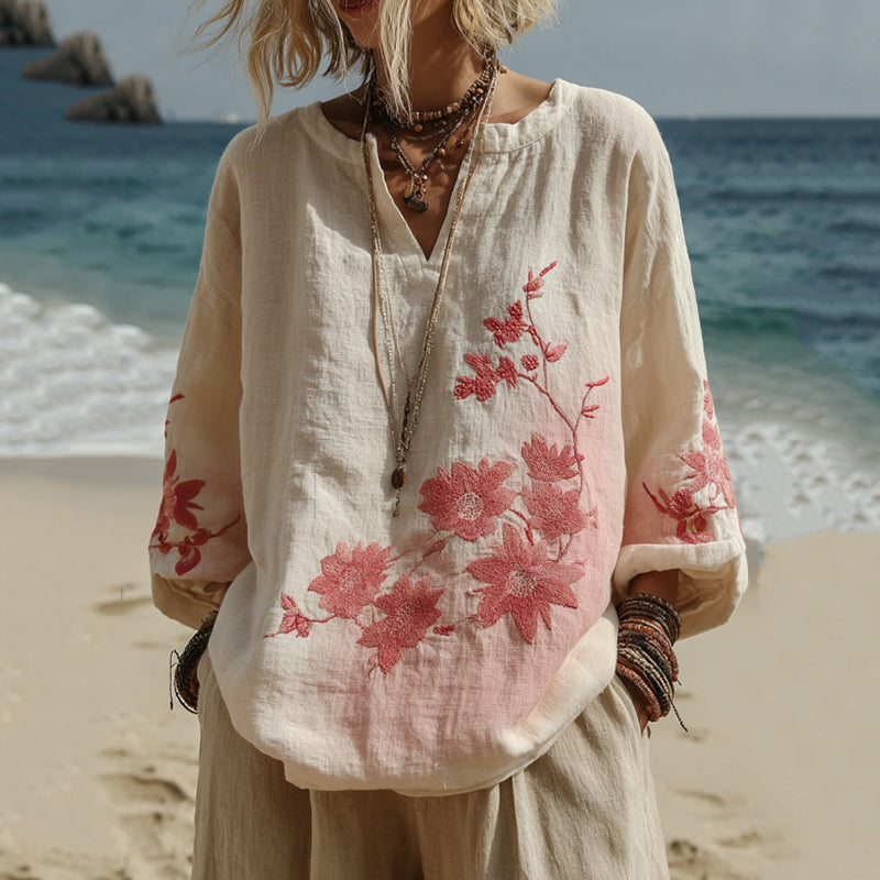 Vintage Pink Floral Gradient Pattern Linen V Neck Comfy T-shirt artswardrobe