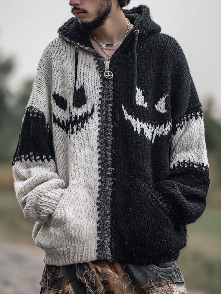 Men's Halloween Pumpkin Face Contrast Color Zip Up Hooded Sweater artswardrobe
