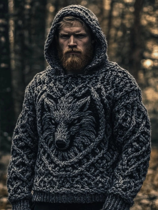 Men's Wolf Inspired Viking Celtic Chunky Hooded Sweater elevenforest