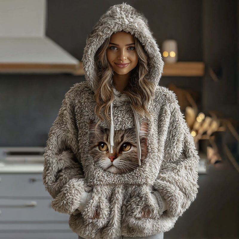 Comstylish Women's Vintage Cool Cat Pattern Cozy Flannel Hooded