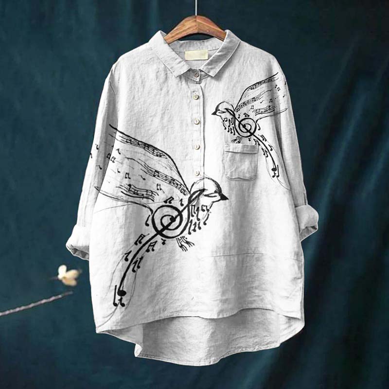 Comstylish Casual Music Bird Elf Printed Cotton Linen Shirt