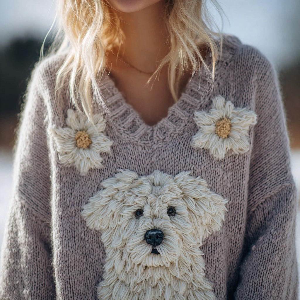 Cute Floral Dog Embroidered V Neck Cozy Sweater artswardrobe