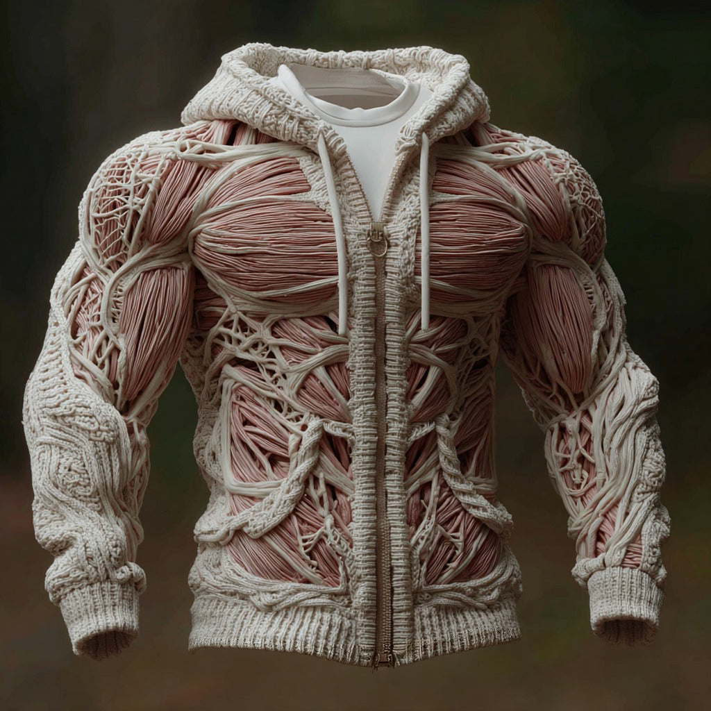 Men's Skull Line Art Knit Zip-up Hooded Sweater artswardrobe